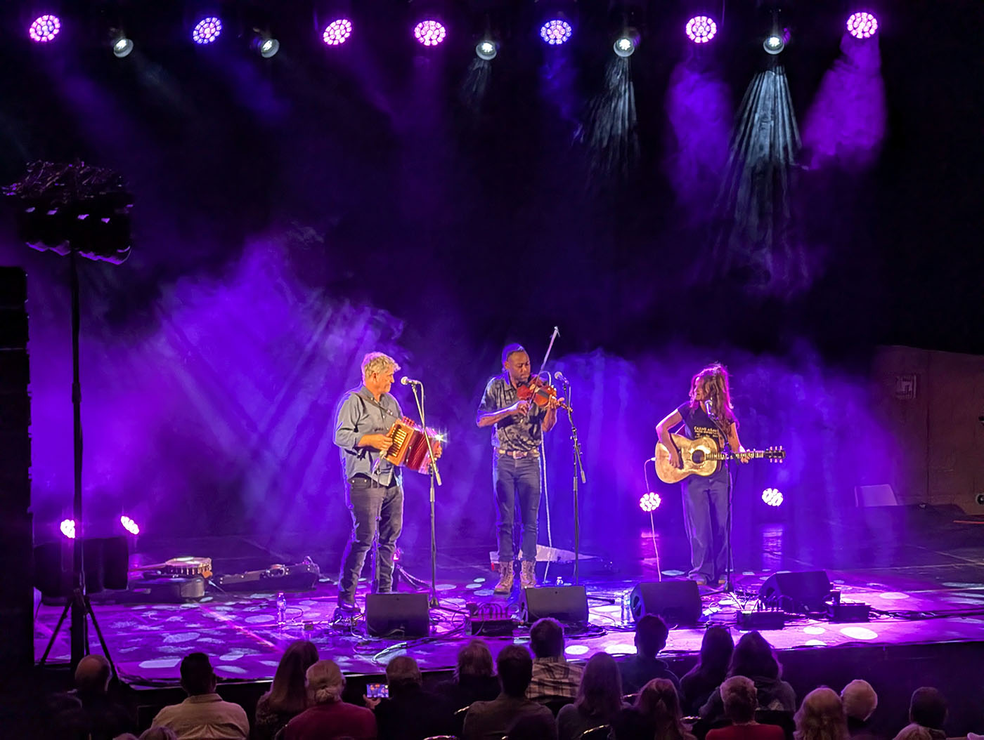 Two men and one woman on stage under coloued lights. Fiddle, accordian and guitar.